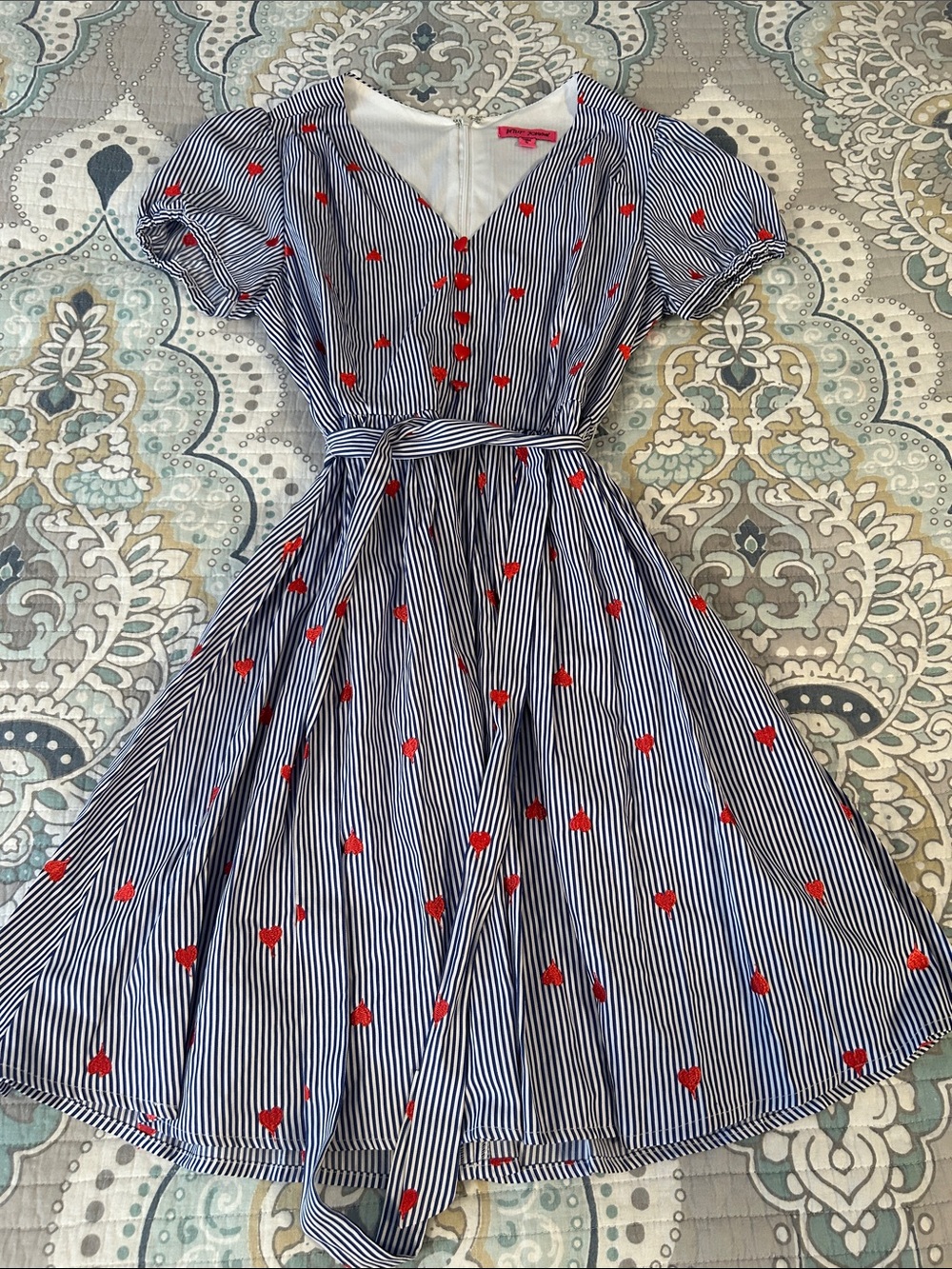Betsey Johnson Blue & White Striped Midi Dress with Red Heart Embroidery
